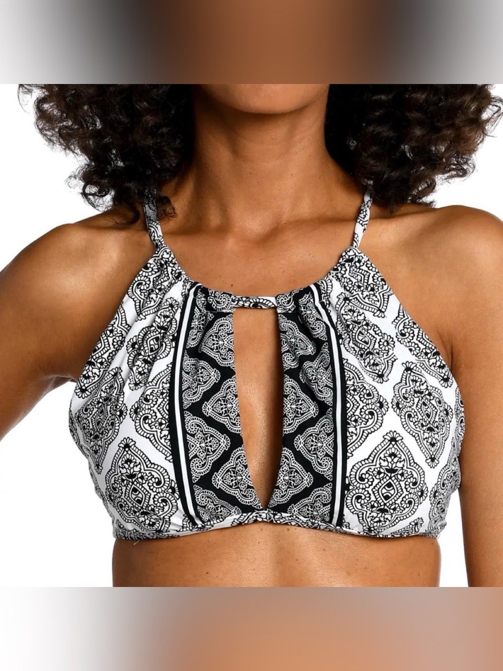 NWT La Blanca Oasis High Neck Midline SPF 50 Preppy Black/White Paisley Top Sz 8
